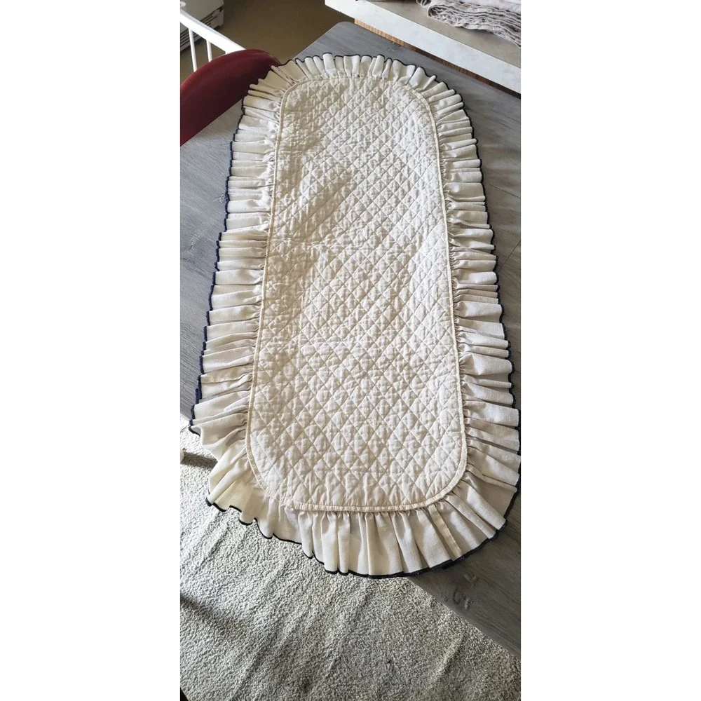Quilted Ruffle Table Runner and Round Placemat Set Cream Navy Farmhouse Decor